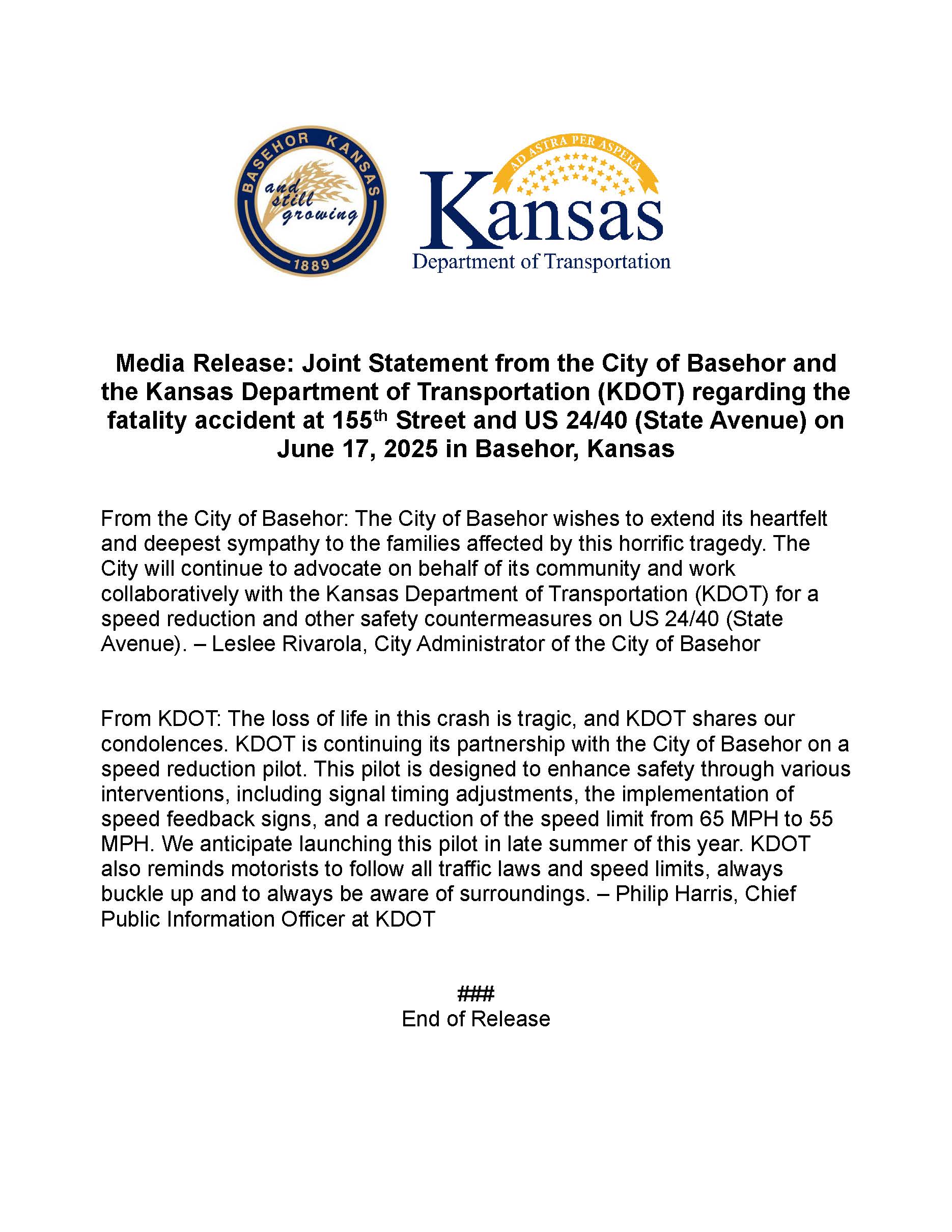Joint Media Release - City of Basehor and KDOT - Fatality Accident on 6-17-2025