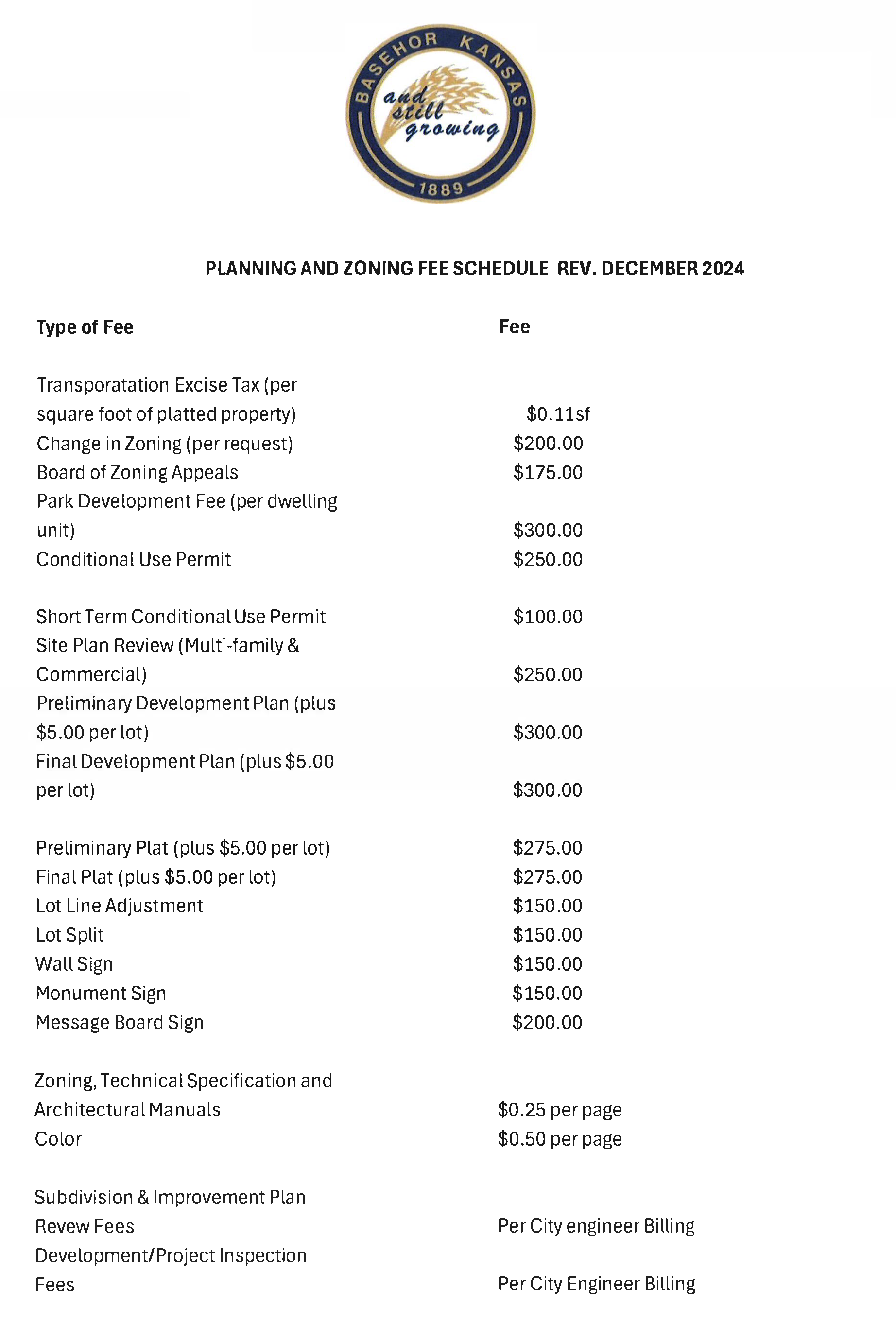 Planning and Zoning Fees